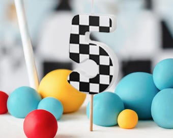 Cake Candle 5 - Checkered Flag Candle - Number 5 Birthday Cake Candle - Racing Car Party - Black & White Candle - Kids Party Decorations