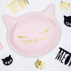 Assiettes en carton chat - assiettes d'anniversaire chaton rose - assiettes de fête chaton - miaou - assiettes chat minou - assiettes roses et dorées - lot de 6