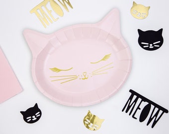 Cat Paper Plates - Pink Kitten Birthday Party Plates - Kitten Party Plates - Meow Party - Kitty Cat Plates - Pink & Gold Plates - Pack of 6