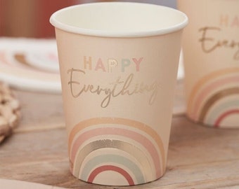 Rainbow Paper Cups - Pastel And Gold Paper Party Cups - Happy Everything Cups - Muted Pastel Tableware - Peach Cups - Pack of 8