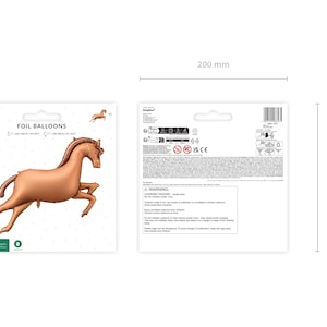 以下が含まれることがあります： 走る馬の形をした茶色のホイルバルーン。白いカードに「FOIL BALLOONS」の文字とPartyDecoのロゴが入っています。パッケージのサイズは20cm x 20cmです。