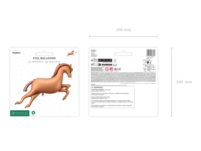以下が含まれることがあります： 走る馬の形をした茶色のホイルバルーン。白いカードに「FOIL BALLOONS」の文字とPartyDecoのロゴが入っています。パッケージのサイズは20cm x 20cmです。