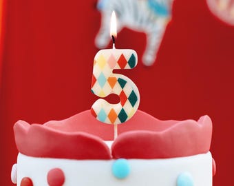 Cake Candle 5 - Rainbow Candles - Number 5 Birthday Cake Candle - Circus Party - Diamond Design - Harlequin Pattern-Kids Party-Multicoloured