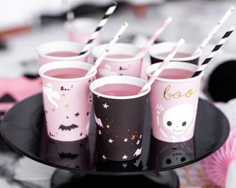 Kubeczki papierowe na Halloween – Kubeczki z motywem nietoperza, dyni i szkieletu – Różowe i czarne kubki papierowe – Dekoracje na imprezę Halloween dla dzieci – Opakowanie 6 szt.