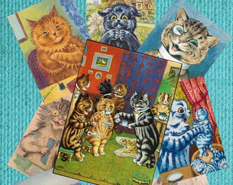 CATLAND ATC cards anthropomorphic cat kitten Louis Wain 2.5" x 3.5"  kitty ACEO printable digital download junk journal scrapbook