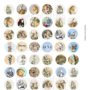 Alice in Wonderland One inch Circles inchies printable John Tenniel collage sheet digital download journaling card making scrapbook