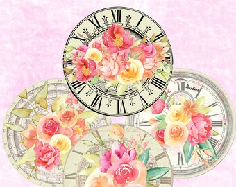 12 Clock Faces Painted Roses junk journal gift tag printable  digital download collage sheet journaling card making scrapbook