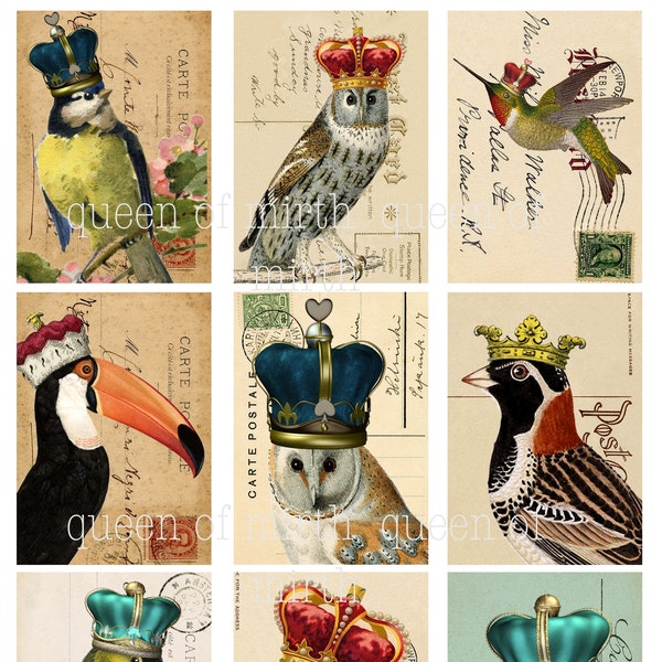 Majestic Birds with Crowns Cards ATC junk journal vintage postcard printable digital download collage sheet journaling card making scrapbook