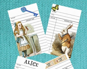 Alice in Wonderland Library Cards Go Ask Alice Artful Queen of Mirth Junk Journal digital collage sheet scrapbooking book decoupage