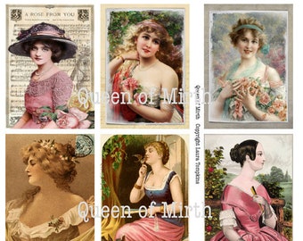 Pretty Women ATC Cards 2.5 x 3.5 pulgadas ACEO mujer hoja de collage digital descargar vintage revista basura de arte diario de descoupage