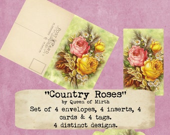Country Roses set of 4 Envelopes Tags Cards shabby chic printable digital download collage sheet journaling card junk journal scrapbook