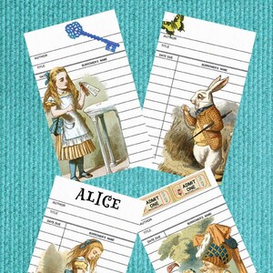 Alice im Wunderland Bibliothek Karten gehen Fragen Alice Kunstvolle Königin von Mirth Junk Journal digitale Collage Blatt Scrapbooking Buch Servietten