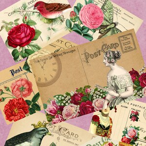 Cartões postais vintage alterados de rosas country, rosa floral, para impressão digital, download, folha de colagem, diário, cartão, álbum de recortes