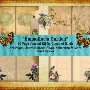 May include: A digital collage kit for scrapbooking and journaling. The kit includes 19 pages of art, journal cards, tags, ephemera, and more. The kit is titled "Emmaline's Garden" and is by Queen of Mirth. The kit is available for instant download.