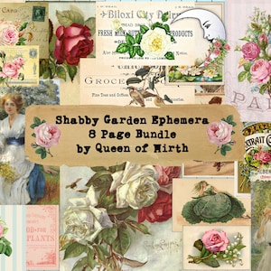 Shabby Garten Ephemera Bundle Papier Pack Vintage Floral Rosen Postkarten Quittungen Junk Journal digitale Collage Blatt Scrapbooking