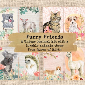 FURRY FRIENDS kit de diario imprimible erizo conejos corderos llamas perros gatos animales bosques florales descarga digital diario basura álbum de recortes