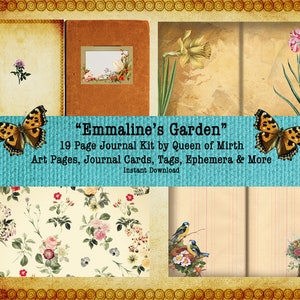 May include: A digital collage kit for journaling, featuring a vintage aesthetic with butterflies, flowers, birds, and a title card that reads "Emmaline's Garden" 19 Page Journal Kit by Queen of Mirth Art Pages, Journal Cards, Tags, Ephemera & More Instant Download.