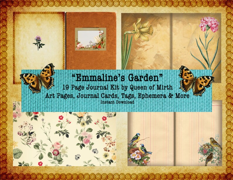 May include: A digital collage kit for journaling, featuring a vintage aesthetic with butterflies, flowers, birds, and a title card that reads "Emmaline's Garden" 19 Page Journal Kit by Queen of Mirth Art Pages, Journal Cards, Tags, Ephemera & More Instant Download.