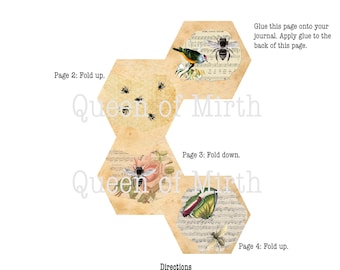 Hexagon Bee Book six sided mini book printable honeybee scrapbooking Junk Journal digital collage sheet honey decoupage