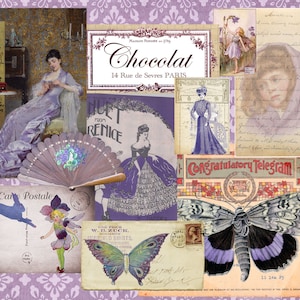 Lila Ephemera Bundle Papier Pack Vintage Lavendel Violett Französische Postkarten Quittungen Junk Journal digital collage sheet scrapbooking