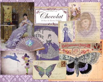 Purple Ephemera Bundle Paper Pack Vintage Lavender Violet French  postcards Receipts Junk Journal digital collage sheet scrapbooking