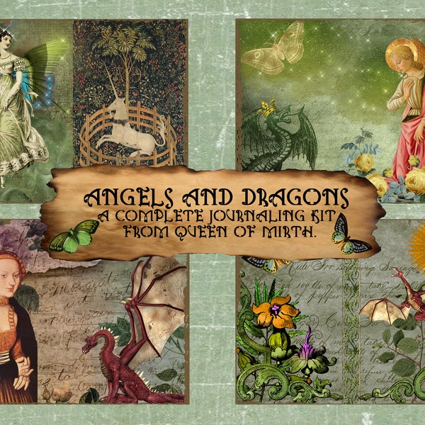 ANGELS & DRAGONS Journal Kit  myth legend digital download butterfly medieval printable junk journal collage journaling scrapbooking book