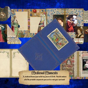 Puede incluir: Un kit de diario imprimible de temática medieval con una portada azul y páginas decoradas con motivos florales e ilustraciones de mujeres con ropa medieval. El kit incluye todos los componentes necesarios para crear un diario.