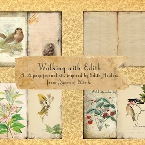 Zestaw dziennika śmieci inspirowany Edith Holden Dziennik edwardiańskiej damy cyfrowy kolaż pakiet kreatywności arkusz kwiatowy vintage pobierz do wydrukowania