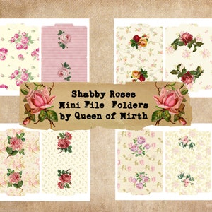 Mini File Folders Shabby Roses 2 sided  romantic stripes floral pink Scrapbook Junk Journal digital vintage collage sheet journal  book DIY