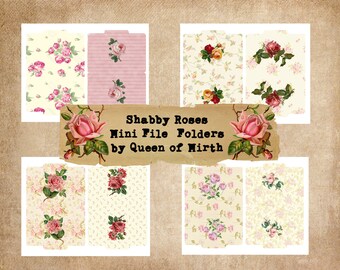 Mini File Folders Shabby Roses 2 sided  romantic stripes floral pink Scrapbook Junk Journal digital vintage collage sheet journal  book DIY