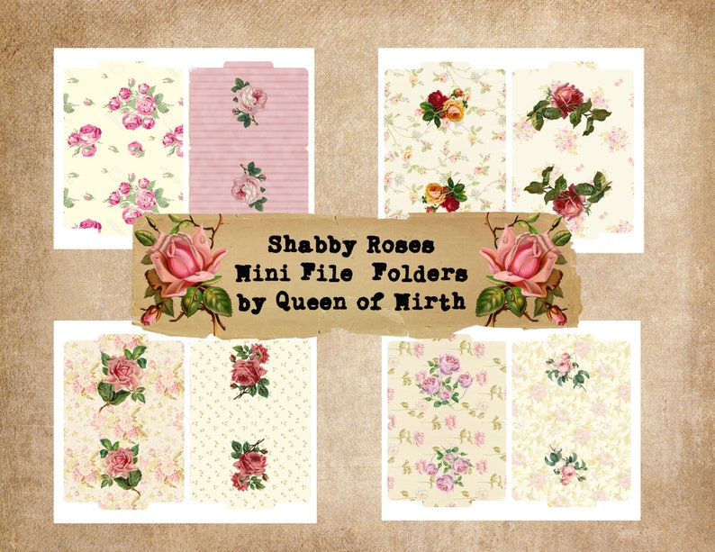 Mini File Folders Shabby Roses 2 Sided Romantic Stripes Floral Pink ...