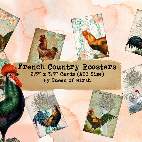 French Country Roosters Cards 2.5" x 3.5"  ATC ACEO farm hens chickens digital download vintage junk journal art scrapbooking book decoupage