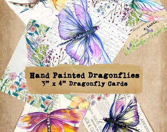 6 Hand Painted Dragonfly Cards junk journal gift tag printable dragonflies digital download collage sheet journaling card making scrapbook