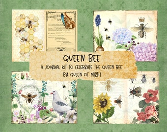 QUEEN BEE JOURNAL & Bonus Journal Kit Scrapbook Kit bees hydrangea digital download printable junk journal collage art journal scrap book
