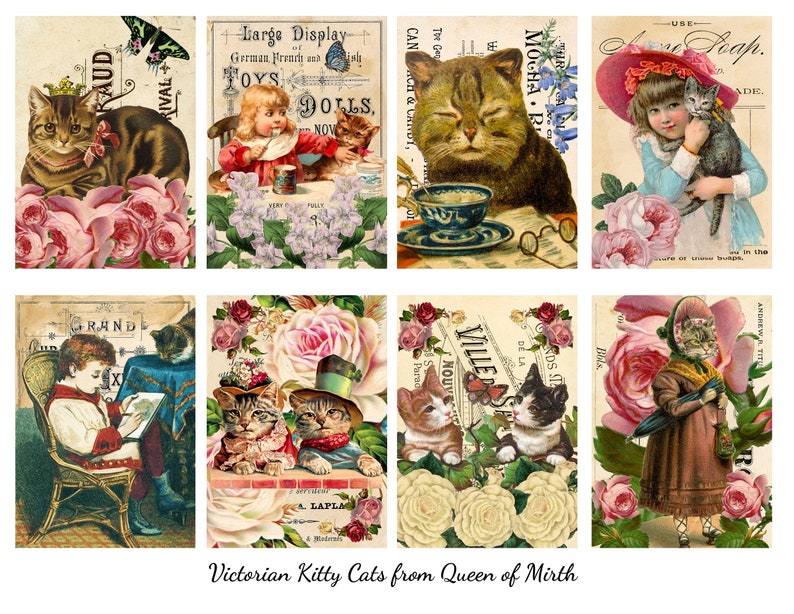 VICTORIAN CATS 8 Cards Anthropomorphic Cat Tags ATC Kitten Kitty 2.5 X