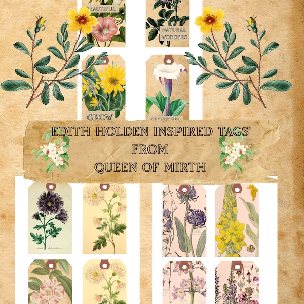 Edith Holden Inspired Tags Diary of an Edwardian Lady digital collage floral vintage download printable