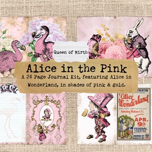 Alice in Wonderland Pink Journal Kit Gold Scrapbook Junk Journal digital White Rabbit Mad Hatter Mad Tea Party Tweedle Dum decoupage