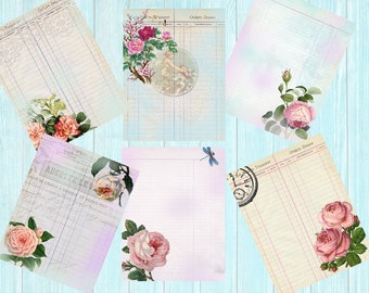 Ledger Roses Paper shabby chic floral printable digital download collage sheet journaling card junk journal Queen of Mirth