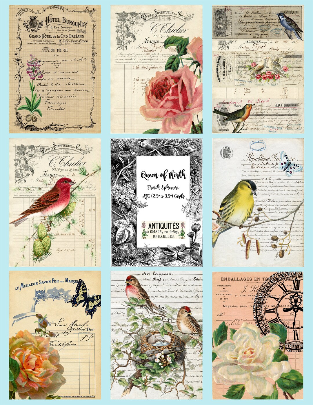 Eight Ephemera Cards ATC Printable French Romantic Vintage Tags Paris ...