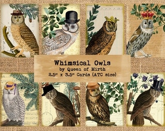 Whimsical Owls Wearing Hats woodland nature cards 2.5" x 3.5" ATC printable digital download collage sheet journaling card making scrapbook