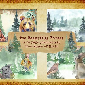 The Beautiful Forest journal kit 24 pagine stampabili acquerello gufo animali floreale botanico collage bosco digitale download junk journal