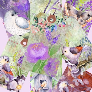RĘCZNIE MALOWANE TAGI Duży kwiatowy dziennik śmieciowy tag prezentowy do wydrukowania cyfrowy do pobrania ptaki kolaż arkusz dziennika tworzenie kartek scrapbooking