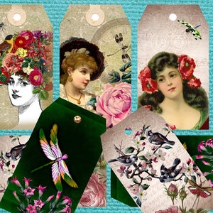 Dragonfly Desire Tags 3&quot; x 5&quot;  dragonflies collage sheet digital download vintage junk journal kit scrapbooking decoupage