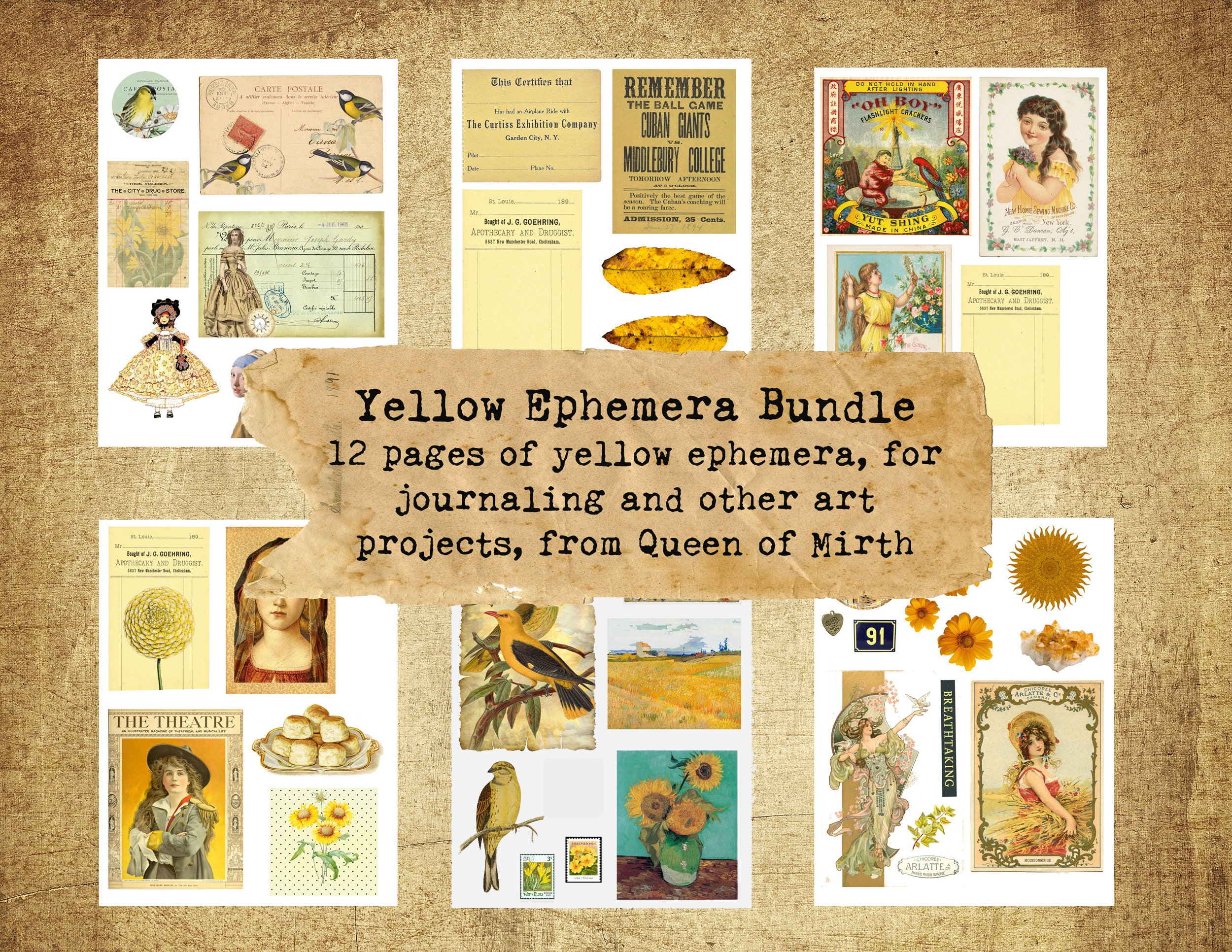 Yellow Ephemera Bundle Paper Pack Vintage Pastel Collage French ...