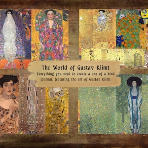 May include: A collage of paintings by Gustav Klimt, showcasing a range of styles and subjects, including portraits, landscapes, and abstract designs. The paintings are all in a vibrant, colourful style, with gold accents and intricate details.