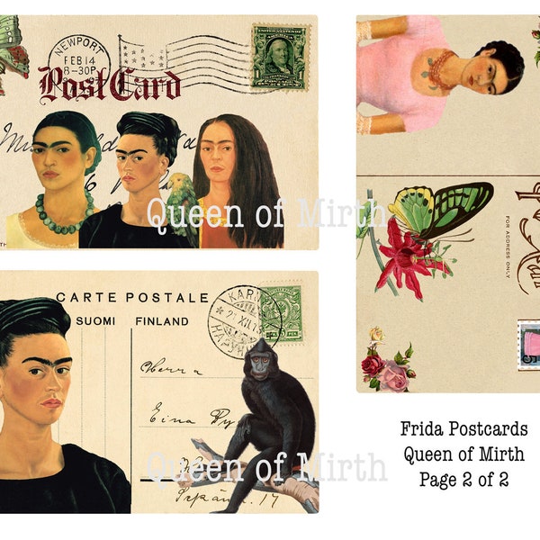 Frida Kahlo postcards instant download printable mail art ATC collage sheet art journal Mexican folk art scrapbook decoupage