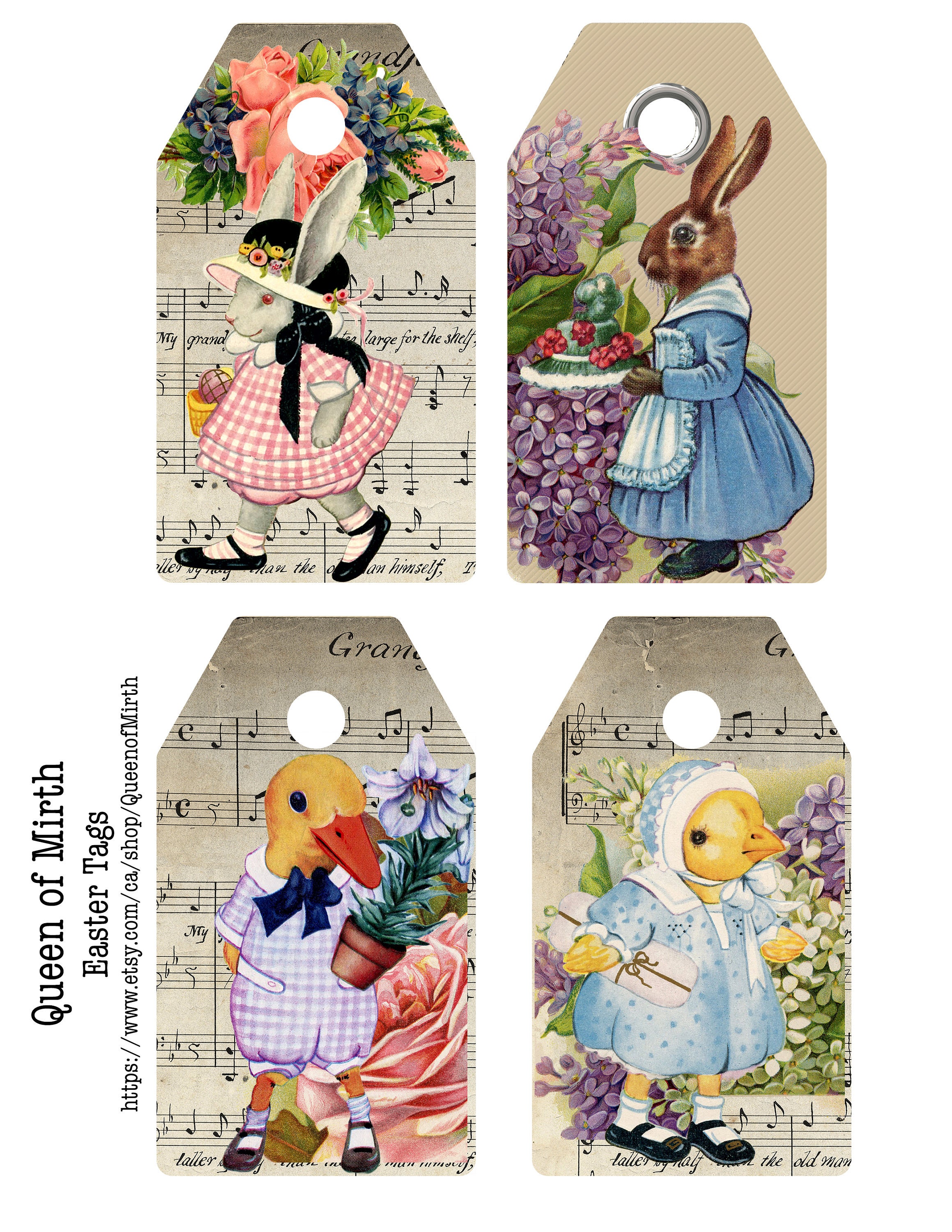 Cute Easter gift tags kids bunny duck printable digital download collage sheet mixed media journaling card making scrapbook