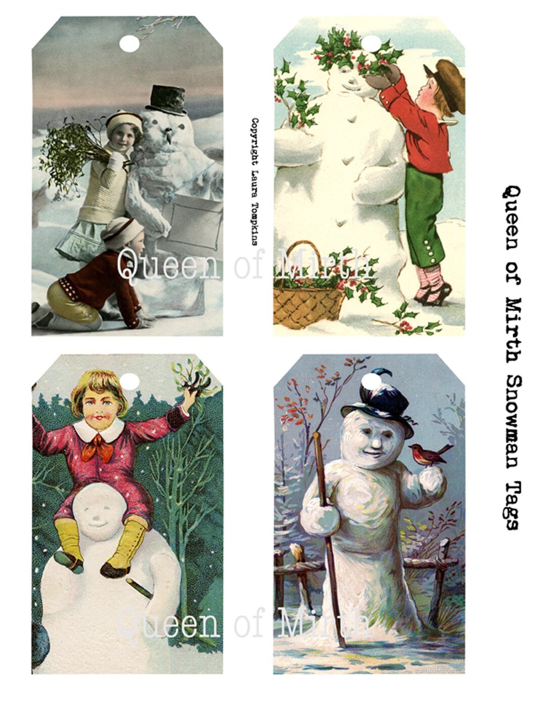 Vintage Snowman Christmas Tags Winter Snow Children Victorian Child ...