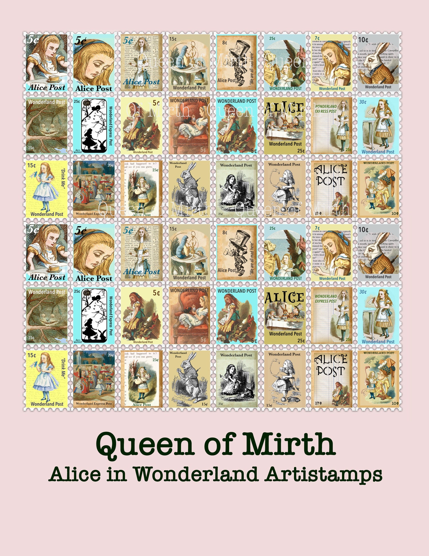 ALICE IN WONDERLAND artistamps postage stamps mail art ephemera junk journal collage sheet art instant download print digital printable