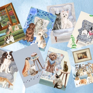 CATS & DOGS 8 tarjetas etiquetas de gato ATC gatito gatito cachorro perro acuarela 2.5 "x 3.5" descarga digital imprimible diario basura álbum de recortes
